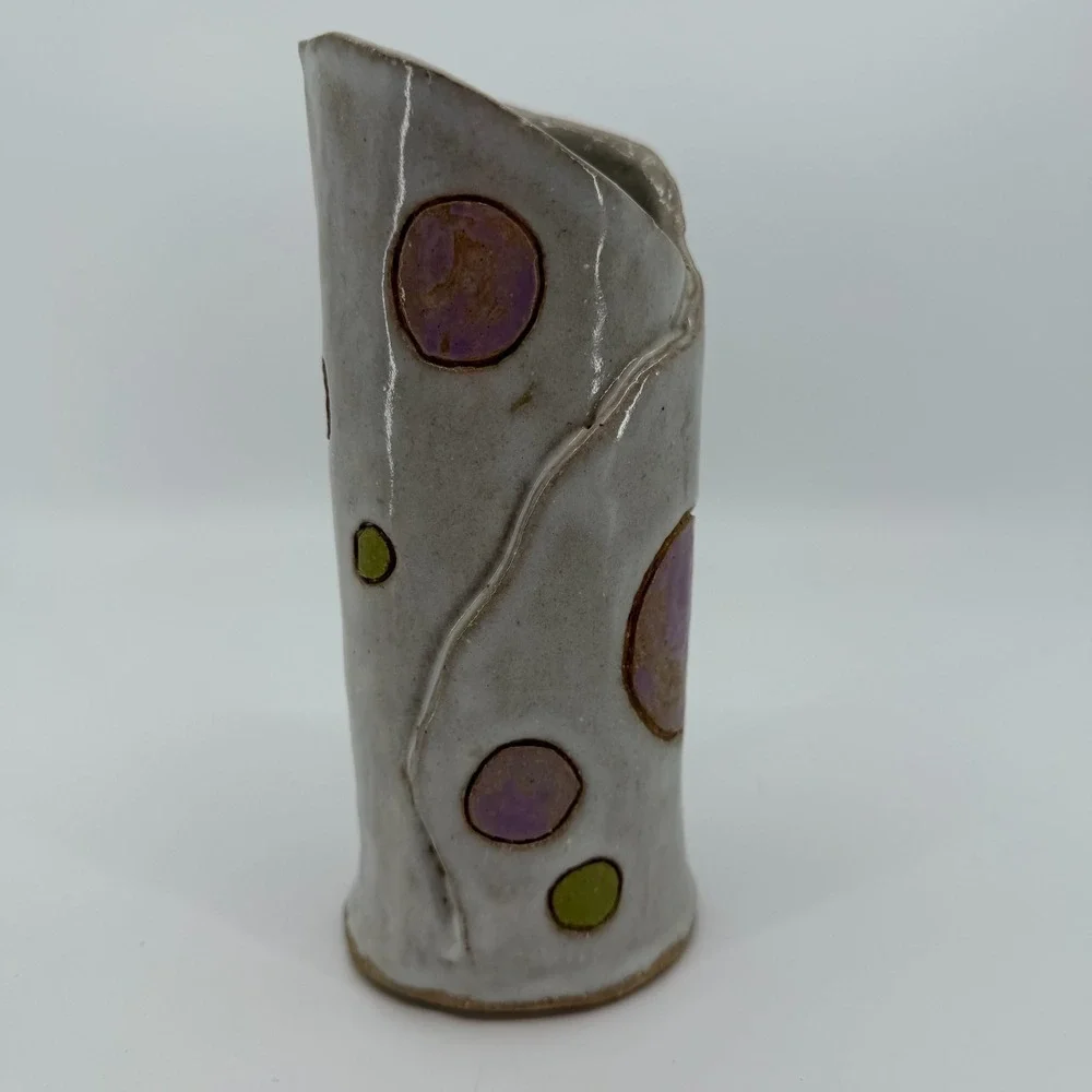 Vtg Studio Pottery Vase Signed Dated Purple Green Polka Dot Handmade Ceramic